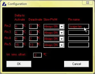 Pin by Pin EXP configuration window, Pin 2 labelled Scope fan