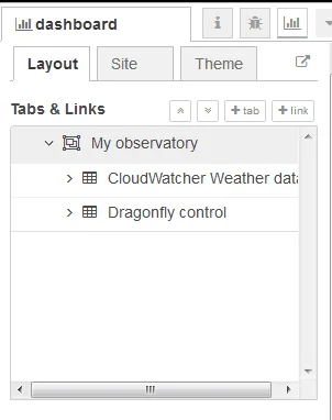 Node-RED dashboard editor—CloudWatcher and Dragonfly groups under My Observatory tab