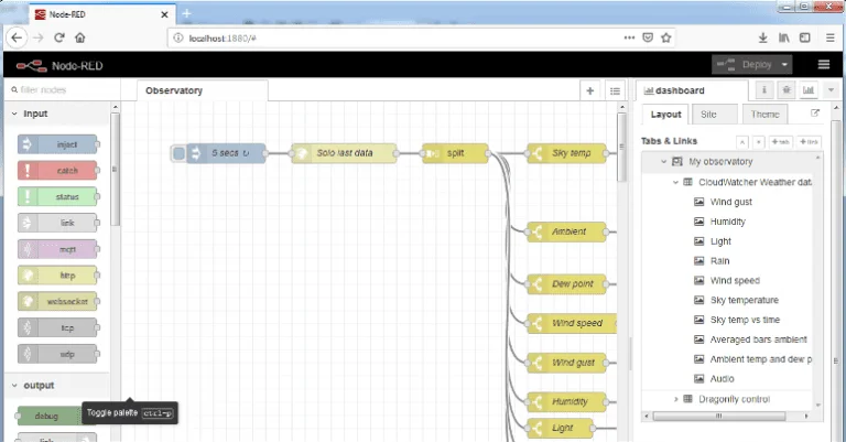 Node-RED editor—flow workspace after importing the flow file