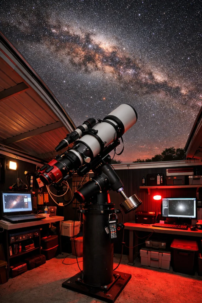 A real remote observatory, roof rolled back, under the Milky Way