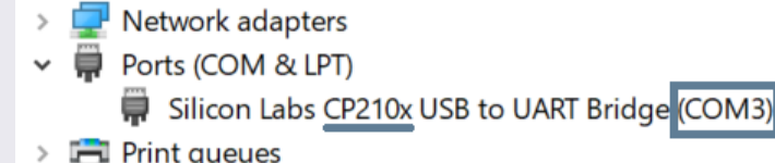 Windows Device Manager showing Silicon Labs CP210x USB to UART Bridge (COM3) under Ports