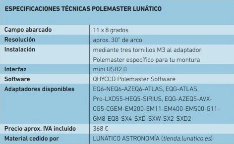 PoleMaster specifications — field of view, sensitivity, connection