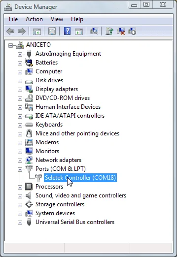Device Manager — locating the USB device