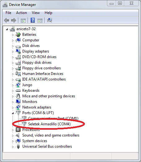 Windows Device Manager, Ports section, showing Seletek Armadillo (COM4)