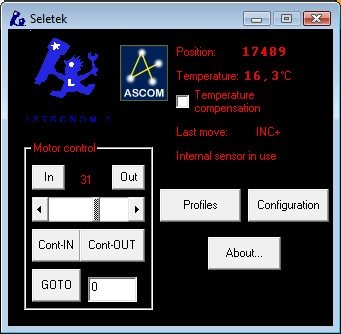 Seletek, Armadillo, Platypus, Limpet focuser controllers main focuser screen