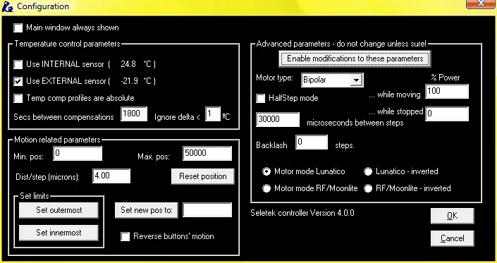 Seletek software configuration screen with the correct FeatherTouch motor settings