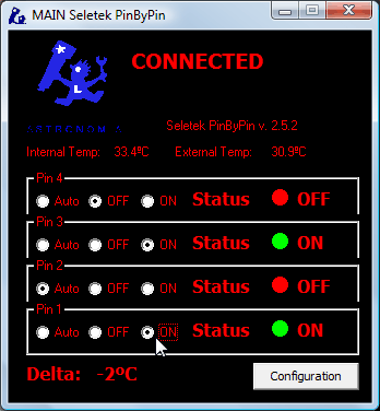 Seletek PinByPin main control window—Main port pins 4 to 1 with Auto/OFF/ON status