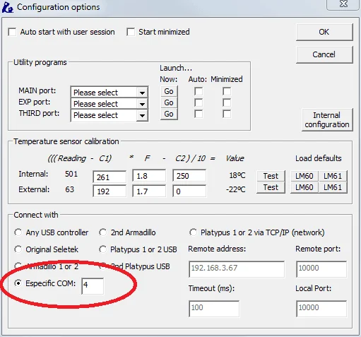 Seletek software Configuration options dialog, Especific COM field circled