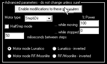 Seletek configuration screen for step and dir controller mode