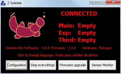 Main window of the second Seletek software instance, titled "2 Seletek", reading CONNECTED with hardware Platypus