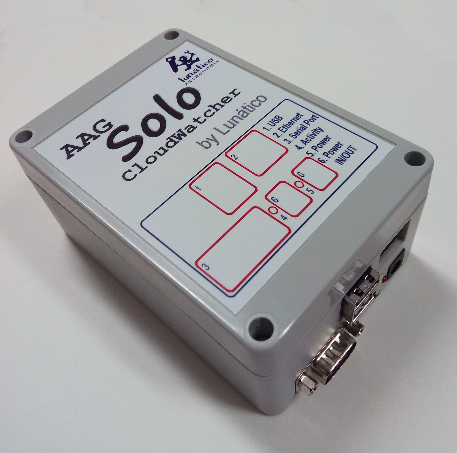 SOLO CloudWatcher unit showing its USB, Ethernet, serial port, activity LED and power connectors