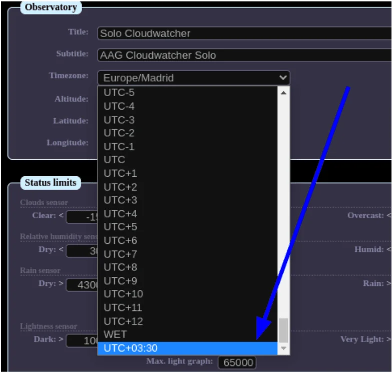 SOLO configuration page—fixed UTC offset applied