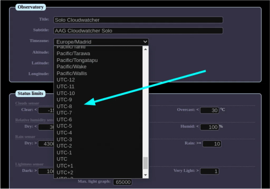 SOLO configuration page—time zone settings
