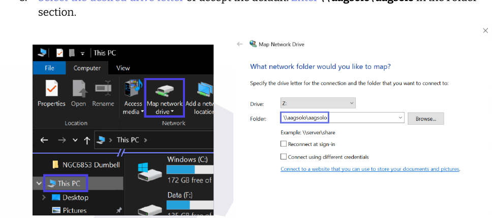 File Explorer with Map network drive highlighted, and the Map Network Drive dialog with the folder path filled in as \\aagsolo\aagsolo