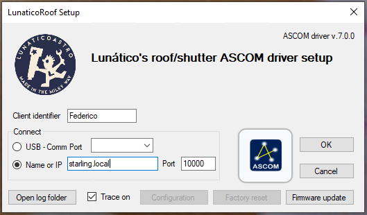 LunaticoRoof Setup window: Client identifier, Connect via USB-Comm Port or Name or IP, Port 10000, plus Open log folder, Trace on, Configuration, Factory reset and Firmware update buttons