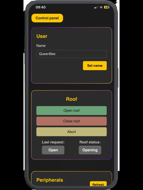 Starling client control panel viewed on a mobile phone—User, Roof and Peripherals sections stacked for a small screen