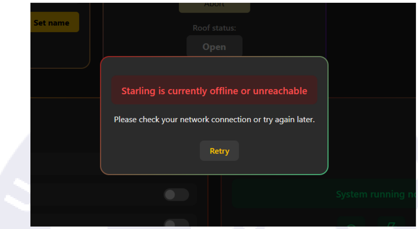 Overlay reading Starling is currently offline or unreachable, with a message to check your network connection and a Retry button