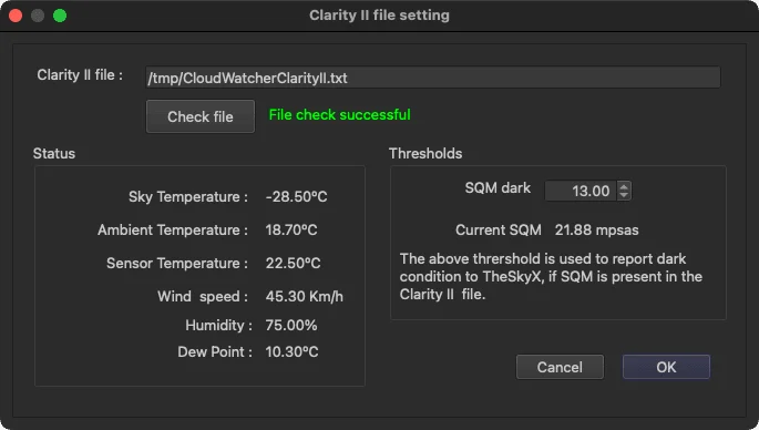 TheSkyX Pro—Clarity II Plus / CloudWatcher plugin settings