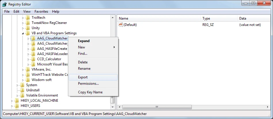 Windows Registry Editor showing AAG_CloudWatcher key selected and Export context menu