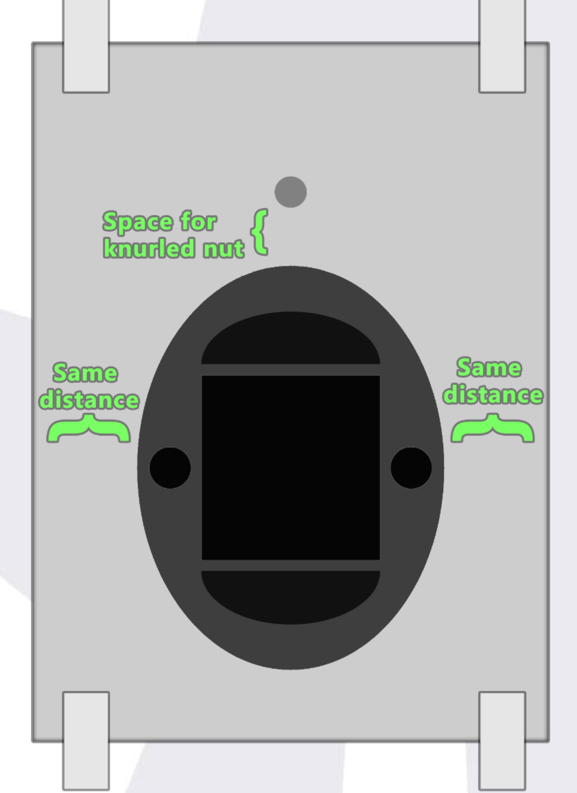 Sensor centred in the box, with a marked gap above for the knurled nut and equal distance on each side
