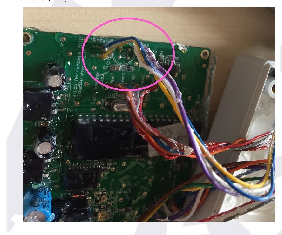 PCB with the IR sensor's 4 wires circled
