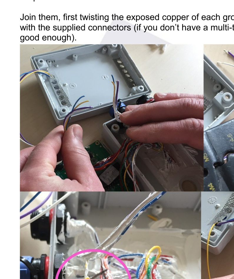 Series of photos: stripping the cables, twisting the copper together, and crimping the quick splice connectors with pliers